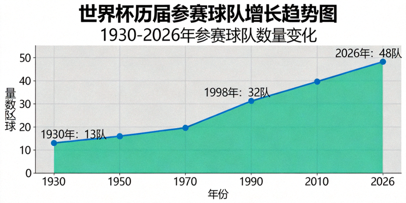世界杯数据统计图表示意图 - 历届参赛球队增长趋势